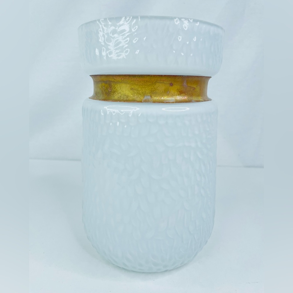 Torre & Tagus Vase White Milk Textured Glass Metal Brass Neck 8"